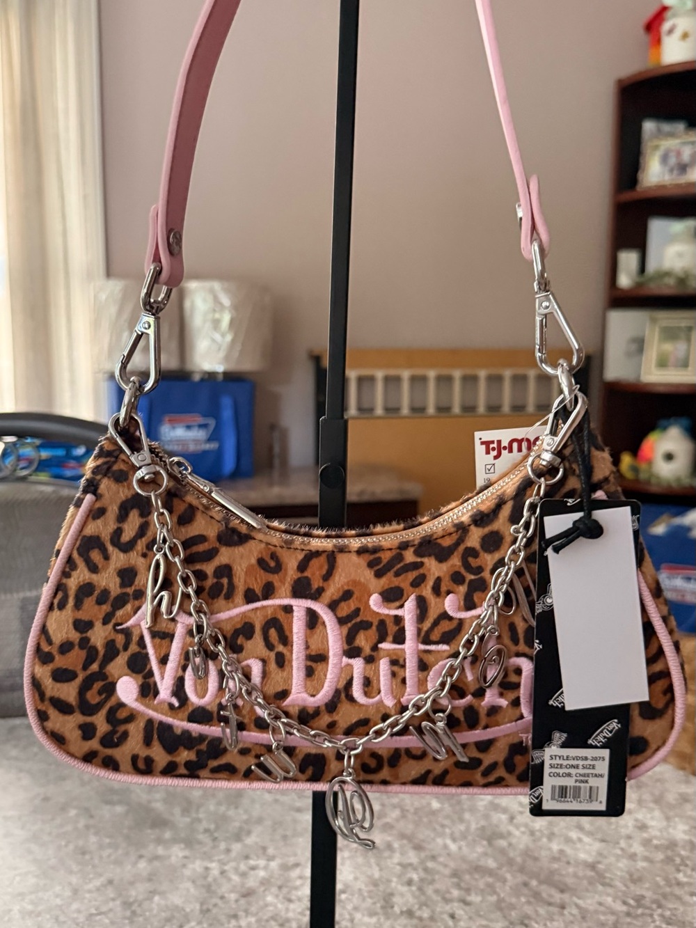 Von Dutch Leopard Mini Shoulder Bag with Pink Trim and Chain Charm